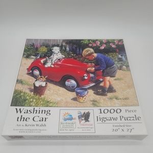 Sunsout Washing The Car 1000 Piece Jigsaw Puzzle 20x27 Red Car Dalmatian
